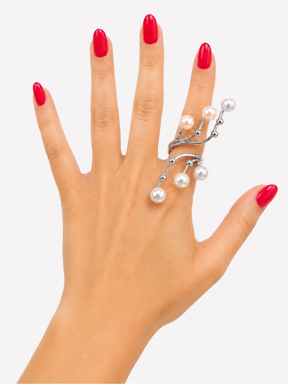 New Statement Pearl Wrap Ring – Silver‎ Tone Adjustable Fashion Ring
